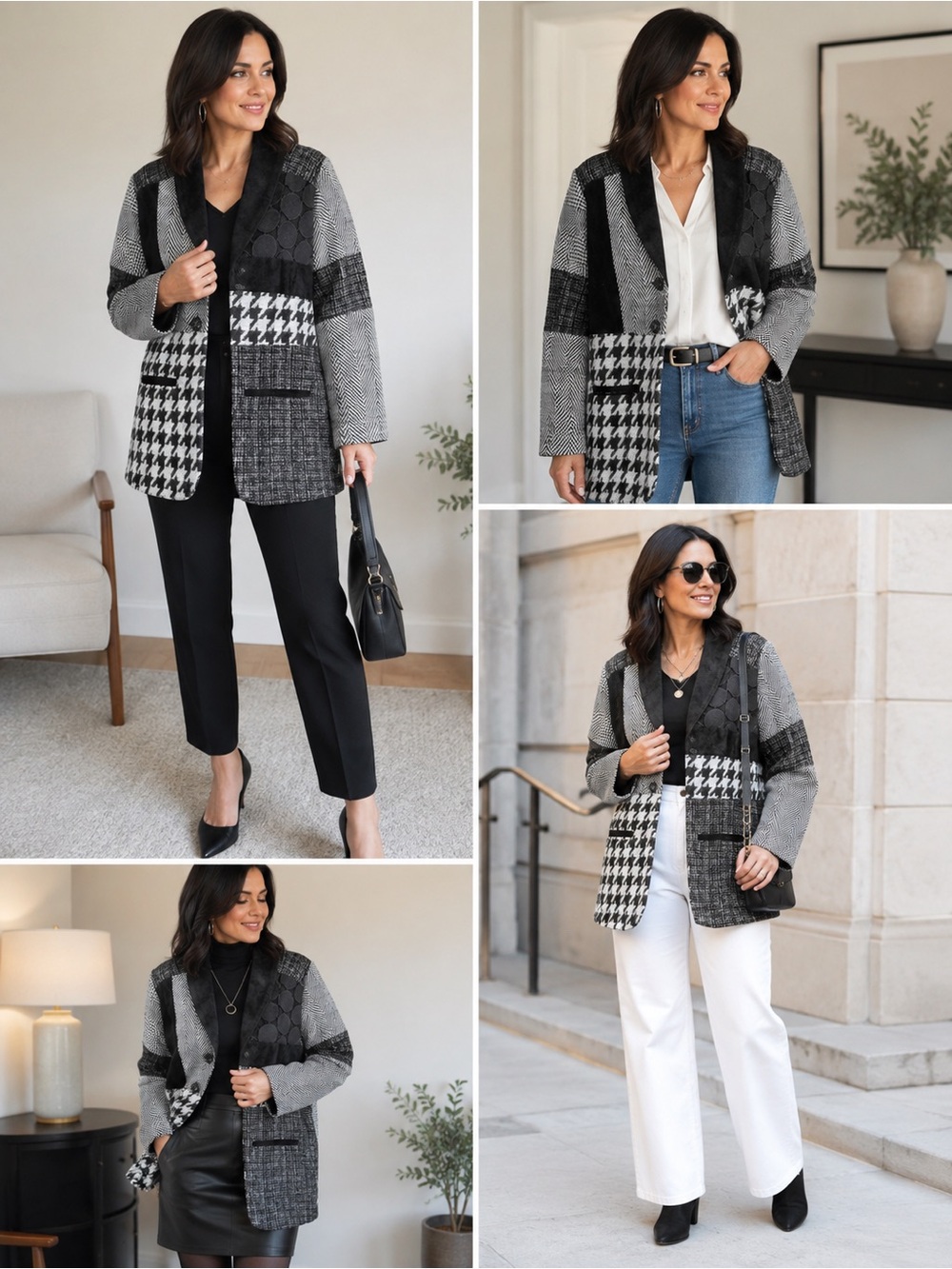 Ali Miles Women’s Small Patchwork Blazer Black White Houndstooth Mixed Print